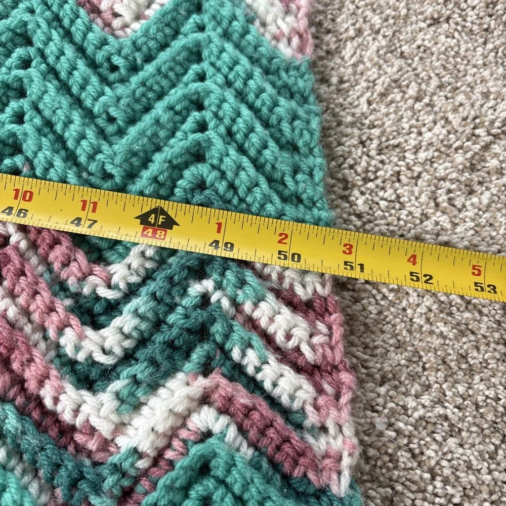 Handmade Crochet AFGHAN Knit Chevron Zig‎ Zag Blanket Throw Teal Pink White